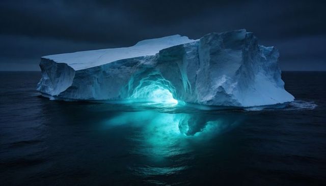 Glowing Tabular Iceberg Casting Turquoise Light Through Cavernous Arch Over Dark Ocean