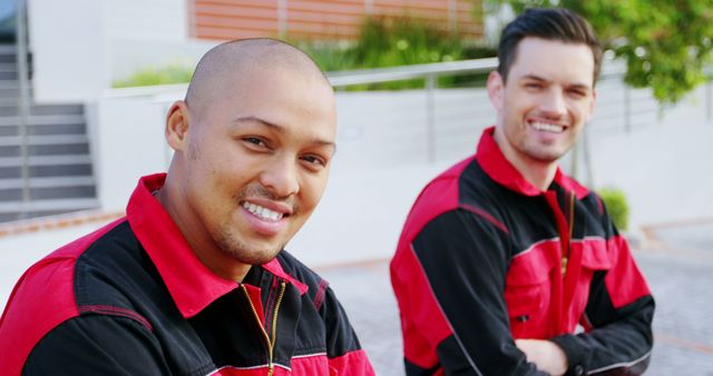 Two Smiling Mechanics in Red and Black Uniforms Posing Outdoors - Download Free Stock Images Pikwizard.com