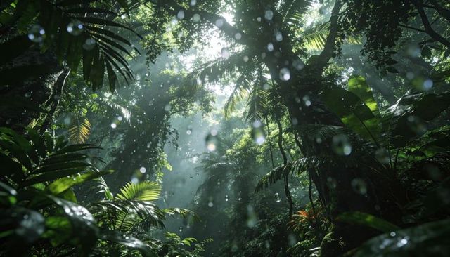 Sunbeams piercing lush tropical canopy with rain droplets, mist and palm fronds