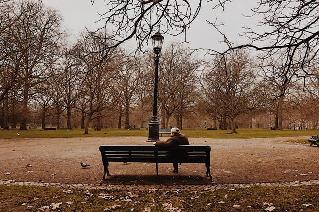 Person sits alone on a bench in a quiet, empty park during autumn. Bare trees add a sense of stillness and solitude. This can be used for themes related to isolation, reflection, and tranquility. Ideal for articles, blogs, or advertisements focusing on mental health, solitude, or nature.