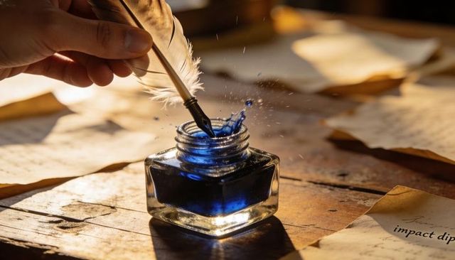 Quill dipping into blue inkwell with ink splash on vintage wooden desk for calligraphy