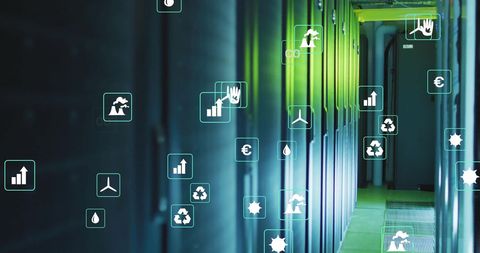Sustainable Technology with Eco-friendly Icons in Server Room - Download Free Stock Images Pikwizard.com