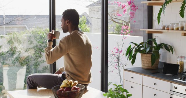 This stock image features a man enjoying a cup of coffee while sitting on the counter in a bright and modern kitchen. The room is filled with natural light, giving the space a warm and serene atmosphere. Indoor plants and a bowl of fresh fruit add to the inviting feel. This image is perfect for use in lifestyle blogs, advertisements targeting home comfort products, or articles focusing on morning routines and relaxation at home.