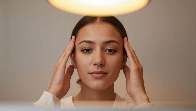 Young woman touching temples under warm lamp halo, contemplative closeup portrait