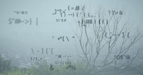 Surreal Technology Landscape with Digital Symbols