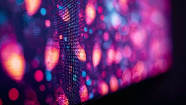 Glowing led display panel with magenta bokeh and pixel matrix closeup