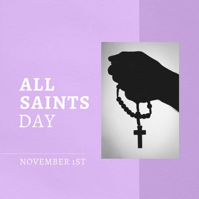 Hand holding rosary with text 'All Saints Day' and 'November 1st' on purple background. Used for religious event announcements, social media posts, church flyers, and spiritual blog posts. Suitable for promoting All Saints Day celebrations or religious activities.