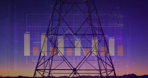 Power Transmission Tower with Data Visualization at Dusk