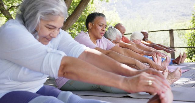 Diverse group of senior individuals is practicing stretching exercises in an outdoor setting. This image is perfect for use in content related to senior fitness programs, healthy lifestyle choices, community wellness activities, or promoting physical health among the elderly.