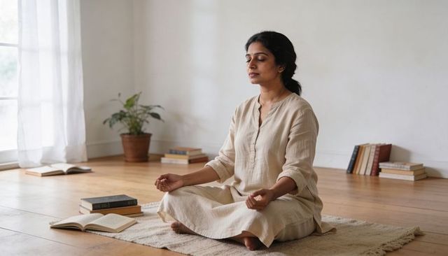 Indian woman meditating on woven rug in sunlit minimalist living room mindfulness practice
