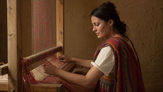 Artisan weaving traditional handwoven shawl on wooden loom in rustic textile workshop