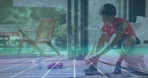 African American Man Tying Shoes with Digital Overlay