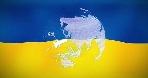 Animated globe with airplane and ukraine flag background