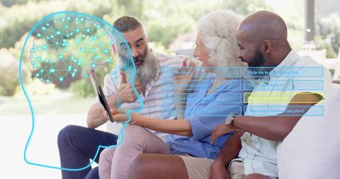 Mature friends exploring augmented reality brain visualization on tablet outdoors