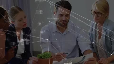 Team Collaborating on Business Report with Augmented Data Overlay and Network Analytics