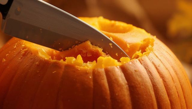 Knife Carving Orange Pumpkin for Autumn Decoration