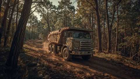 Rusted dumper truck on dirt road through dense pine forest