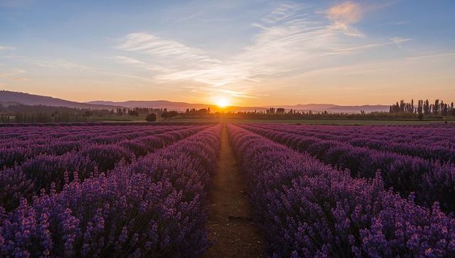 Sunset over Lavender Field with Central Path and Symmetrical Rows in Valley