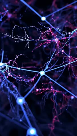 Vertical pullback revealing glowing neural network lattice with pulsing blue magenta nodes