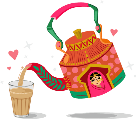 Transparent Folk-art Tea Kettle Pouring with Whimsical Design