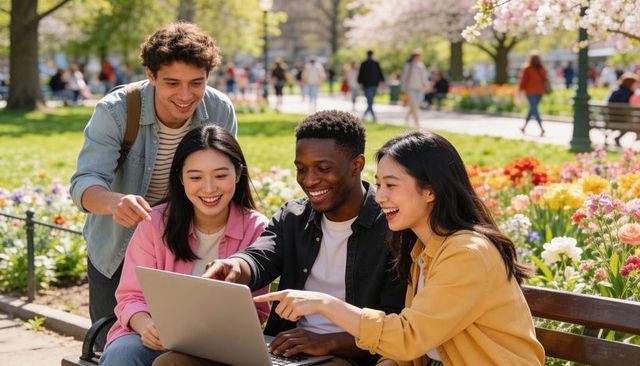 Multicultural students collaborating on laptop on sunlit park bench with flowers