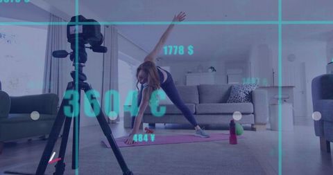 Woman exercising in living room digitally enhanced graphics