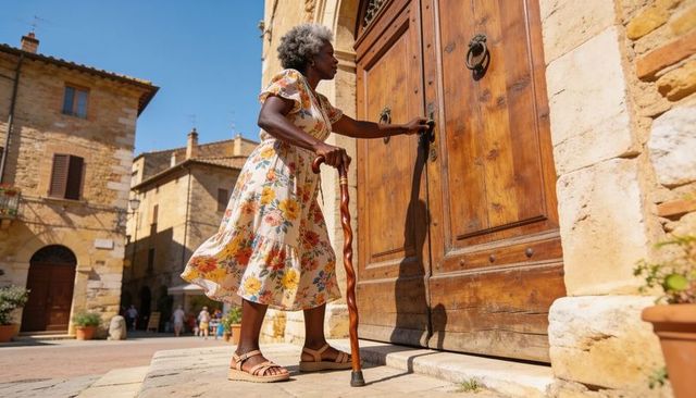 Senior woman with cane opening carved wooden door in sunlit mediterranean village plaza