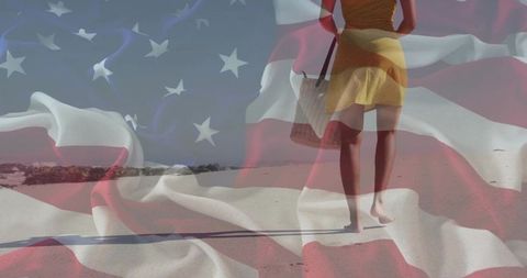 Woman in Yellow Dress Walking on Beach with USA Flag Overlay