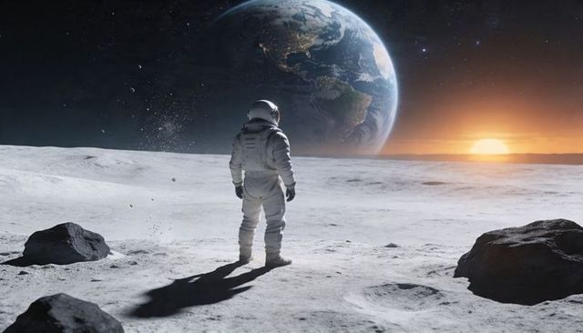 Astronaut Standing on Moon Observing Earth Rising Over Lunar Horizon at Sunrise