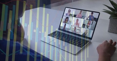 Man conducting virtual meeting on laptop with analytics overlay for remote collaboration