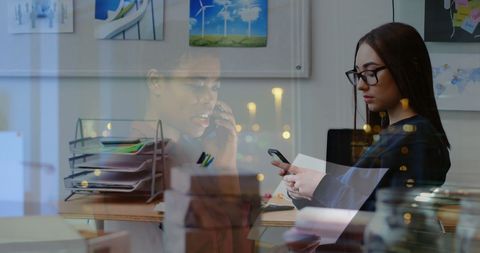 Business Professionals in Modern Office with Digital Overlay