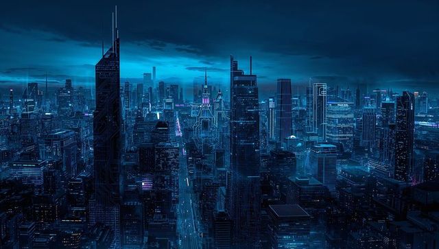 Glowing Neon Cybercity Skyline at Night with Futuristic Skyscrapers and Illuminated Avenue Trails