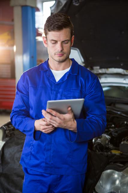 Mechanic using digital tablet at repair garage
