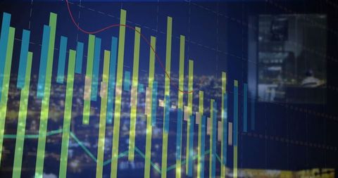 Digital financial analytics display and luminous cityscape