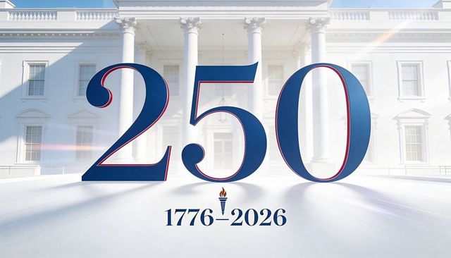 250th anniversary: bold 250 numerals with 1776–2026 torch in neoclassical portico