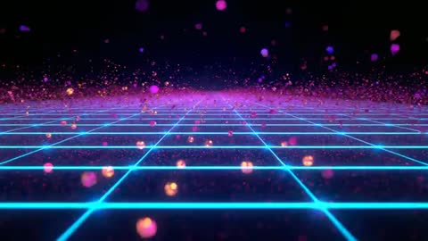 Futuristic Neon Grid with Drifting Particles Evokes Digital Space