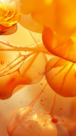 Macro vertical video of glowing amber spheres stretching translucent filaments and droplets