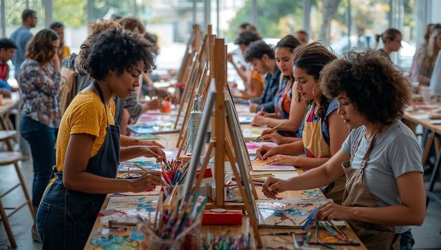 Women painting together in lively community art workshop at bright sunlit studio
