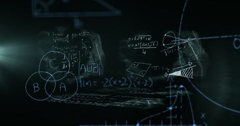 Scientific formulas on screens with data processing concept