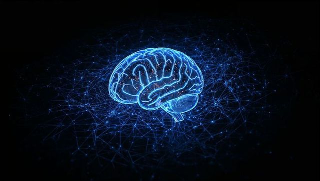 Holographic Brain Floating over Neural Network Mesh Glowing Blue Technology Concept