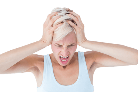 Blonde Woman in White Tank Top Holding Head in Anger on Transparent Background