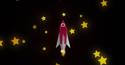 Red rocket adventure among twinkling stars in outer space