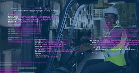 Warehouse forklift driver wearing hard hat neon vest navigating racks with code overlay