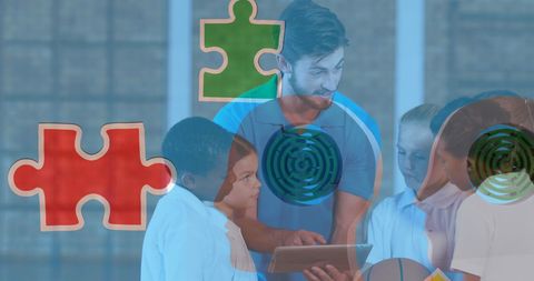 Diverse students with digital education concept graphics