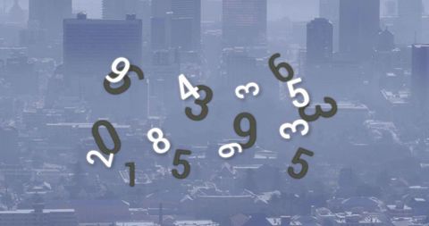 Floating stylized numerals hovering over hazy downtown skyline, data and typography