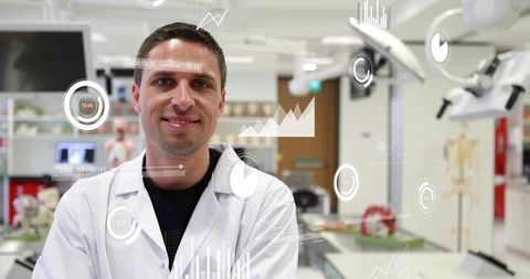 Scientist standing in clinical lab wearing white coat with ar data visualizations