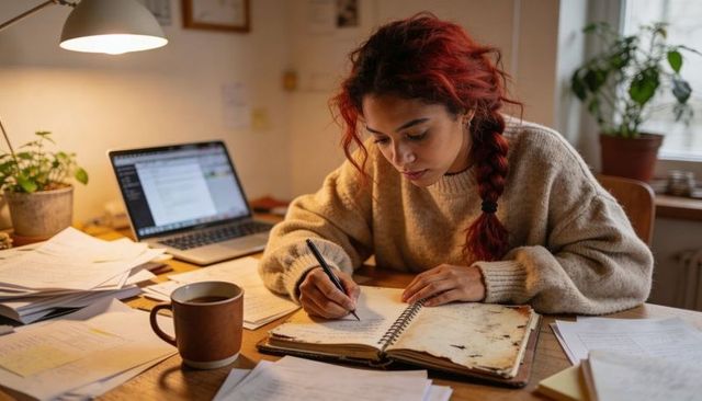 Young woman writing in spiral notebook at cozy home workspace with laptop and warm lamp