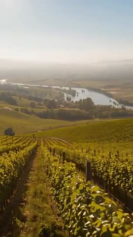 Vertical video traveling down sunlit vineyard rows revealing river valley and rustic riverside hut