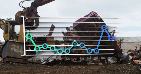 Financial trends graphs overlay car junkyard background