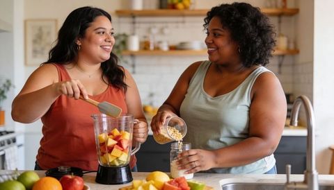 Two women making colorful fruit smoothie in bright kitchen, smiling and pouring granola